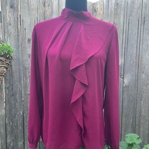 New York & Company Pink Ruffled Mandarin Collar Blouse